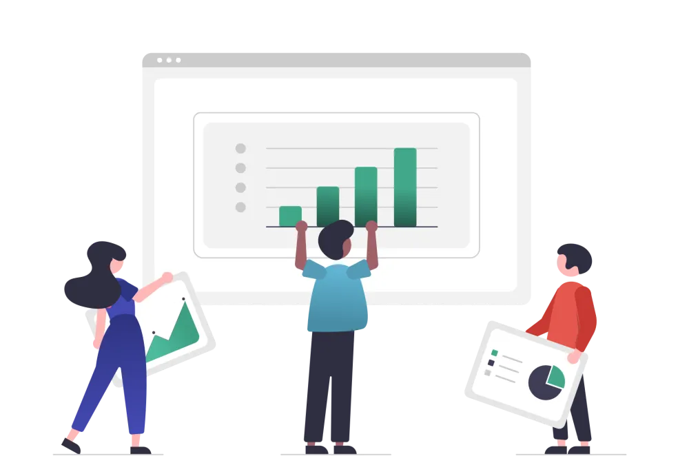 Three people looking at charts on a whiteboard.