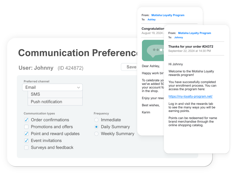 Screenshot of a Communications Preference admin interface
