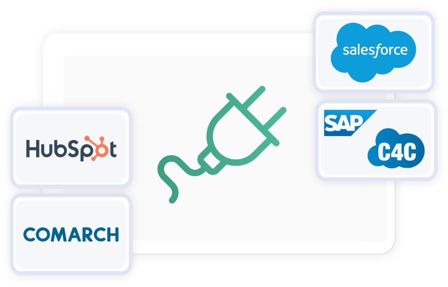 Visual showing different kinds of integrations with the loyalty platform, including Hubspot, Comarch, Salesforce and SAP / C4C.