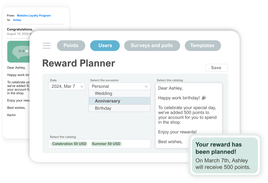 Screenshot of Motisha's tool to schedule planned rewards for milestones